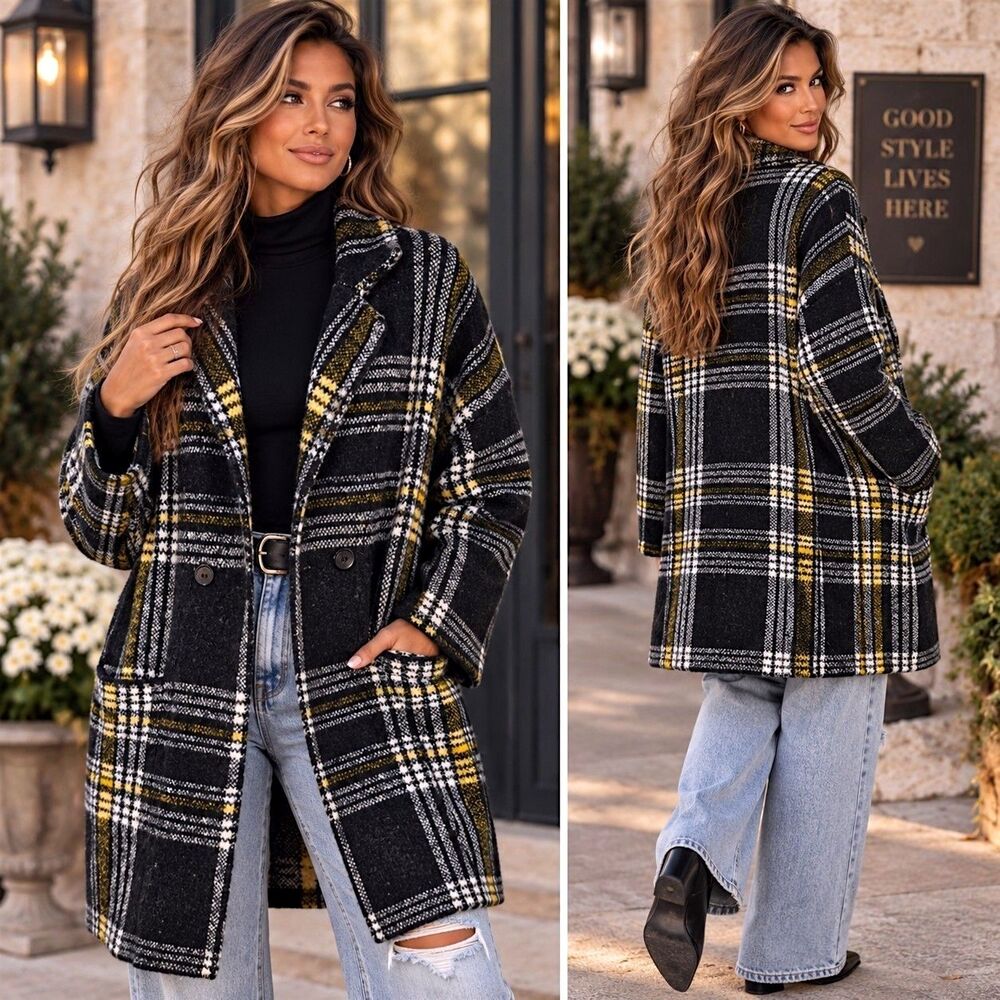 Coco Carmen XL Plaid Sweater Coat Academia Cardigan Black  Wool Blend Pockets